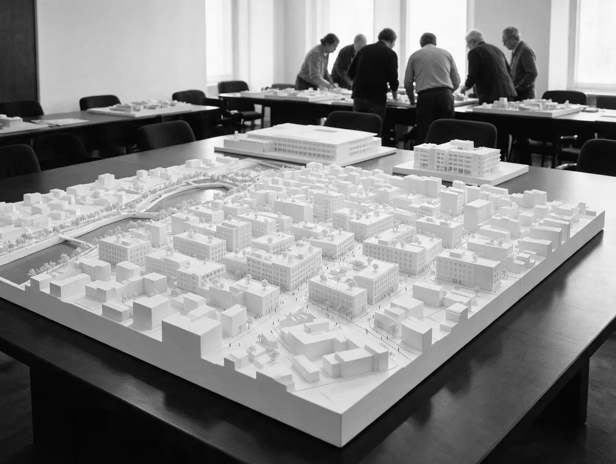 Architektonické modely urbanistického návrhu na stole poroty